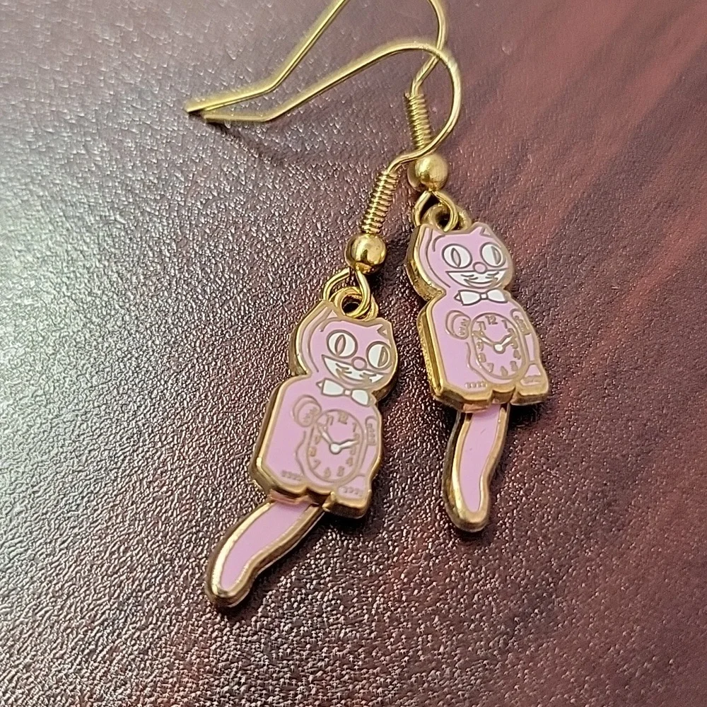 Vintage Kit Cat Klock Clock Pink Earrings Kitty Cat swinging tail Hypoallergenic - Picture 3 of 5